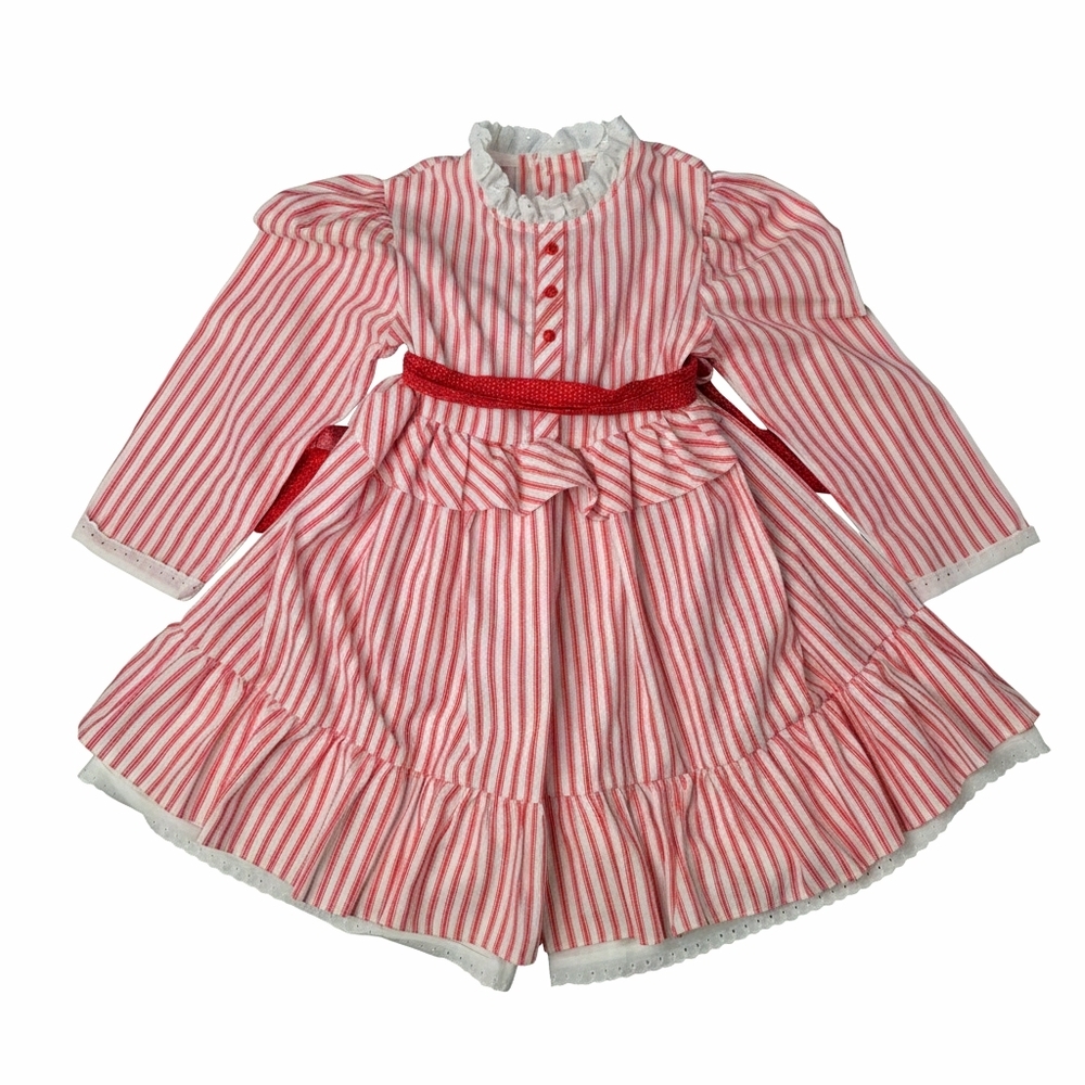 VTG Cinderella Red White Stripe Dress Eyelet Lace Polka Dot Sash 4 Fits 2T 3T